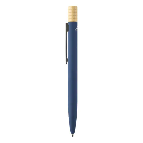 Penna a sfera in alluminio riciclato a rotazione finitura gommata e astuccio in cartoncino kraft refill blu