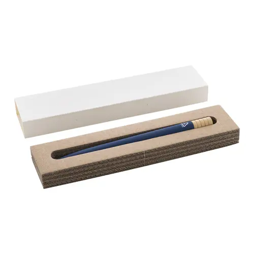 Penna a sfera in alluminio riciclato a rotazione finitura gommata e astuccio in cartoncino kraft refill blu