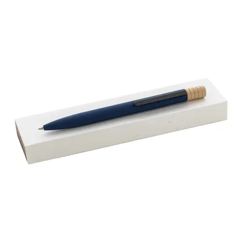 Penna a sfera in alluminio riciclato a rotazione finitura gommata e astuccio in cartoncino kraft refill blu