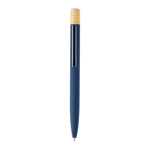 Penna a sfera in alluminio riciclato a rotazione finitura gommata e astuccio in cartoncino kraft refill blu