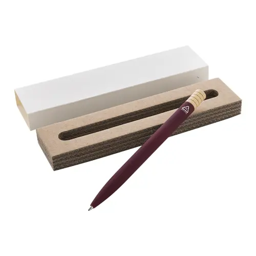 Penna a sfera in alluminio riciclato a rotazione finitura gommata e astuccio in cartoncino kraft refill blu