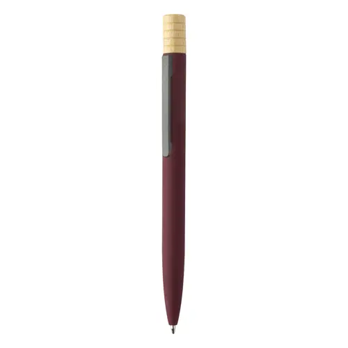 Penna a sfera in alluminio riciclato a rotazione finitura gommata e astuccio in cartoncino kraft refill blu