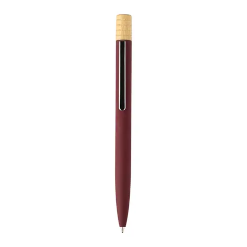 Penna a sfera in alluminio riciclato a rotazione finitura gommata e astuccio in cartoncino kraft refill blu