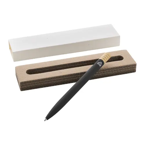 Penna a sfera in alluminio riciclato a rotazione finitura gommata e astuccio in cartoncino kraft refill blu