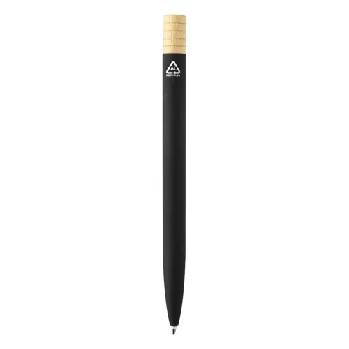 Penna a sfera in alluminio riciclato a rotazione finitura gommata e astuccio in cartoncino kraft refill blu