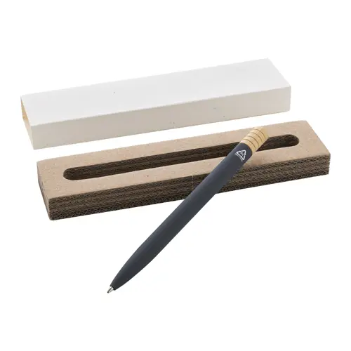 Penna a sfera in alluminio riciclato a rotazione finitura gommata e astuccio in cartoncino kraft refill blu