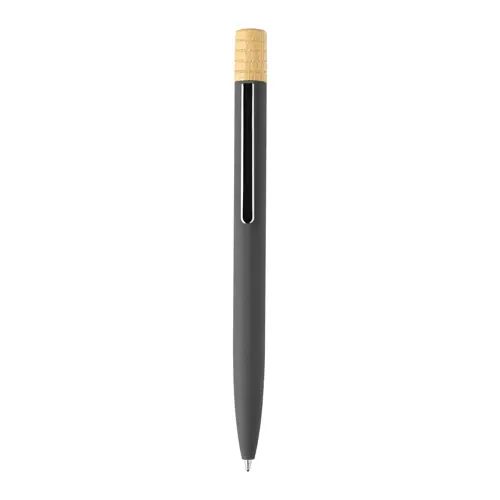 Penna a sfera in alluminio riciclato a rotazione finitura gommata e astuccio in cartoncino kraft refill blu