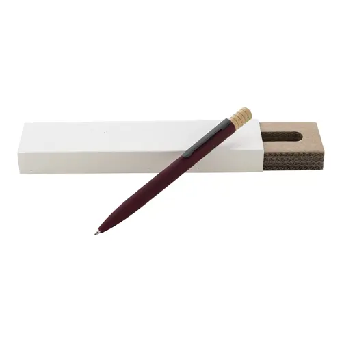 Penna a sfera in alluminio riciclato a rotazione finitura gommata e astuccio in cartoncino kraft refill blu