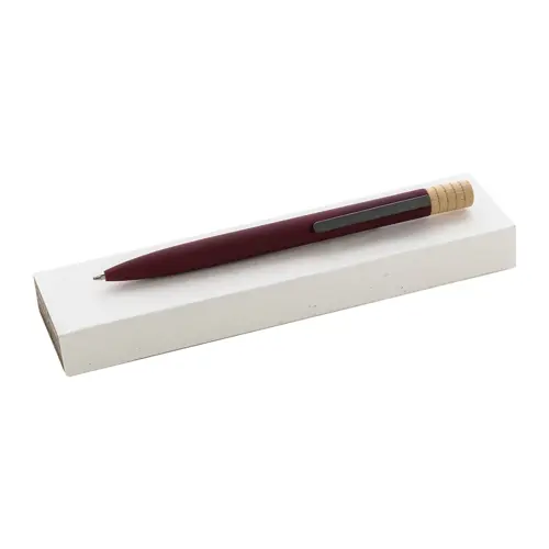 Penna a sfera in alluminio riciclato a rotazione finitura gommata e astuccio in cartoncino kraft refill blu