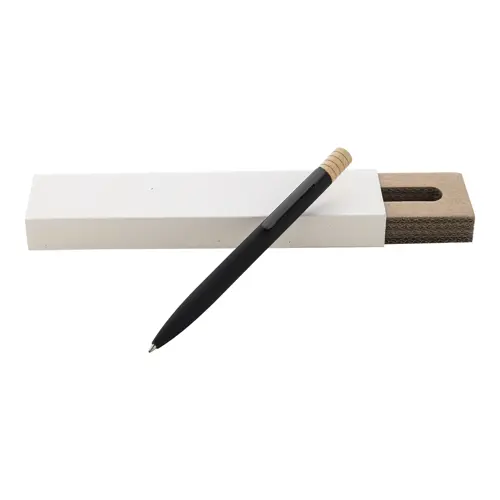 Penna a sfera in alluminio riciclato a rotazione finitura gommata e astuccio in cartoncino kraft refill blu