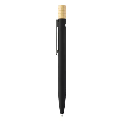 Penna a sfera in alluminio riciclato a rotazione finitura gommata e astuccio in cartoncino kraft refill blu