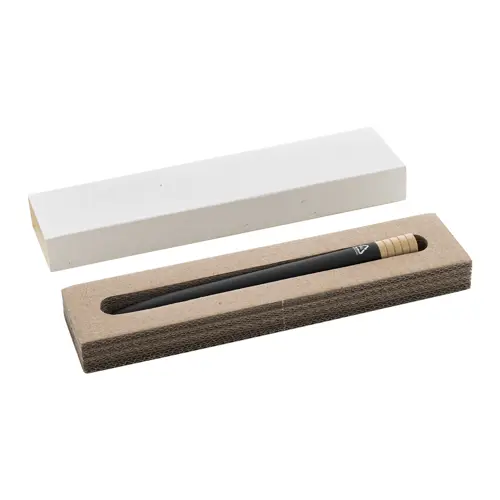 Penna a sfera in alluminio riciclato a rotazione finitura gommata e astuccio in cartoncino kraft refill blu