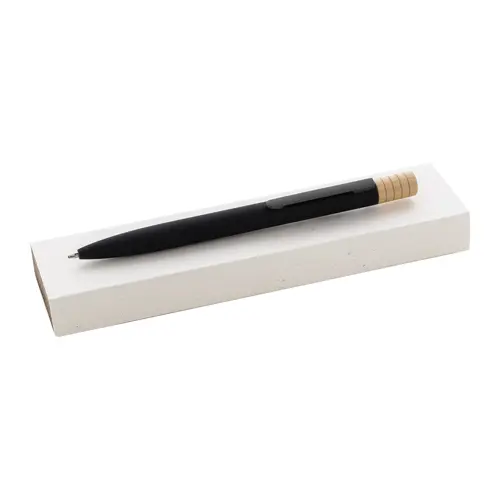 Penna a sfera in alluminio riciclato a rotazione finitura gommata e astuccio in cartoncino kraft refill blu