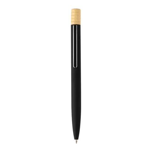 Penna a sfera in alluminio riciclato a rotazione finitura gommata e astuccio in cartoncino kraft refill blu