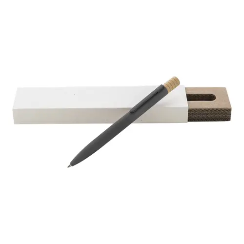 Penna a sfera in alluminio riciclato a rotazione finitura gommata e astuccio in cartoncino kraft refill blu