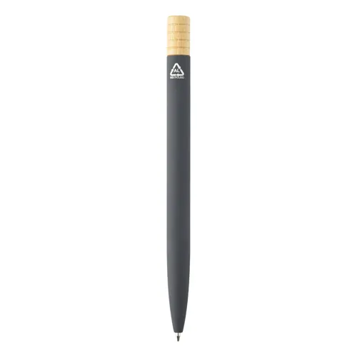 Penna a sfera in alluminio riciclato a rotazione finitura gommata e astuccio in cartoncino kraft refill blu