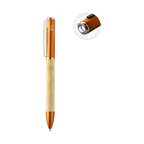 Penna a sfera in bambù e plastica riciclata a rotazione torcia LED e refill blu 