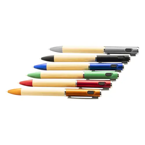 Penna a sfera in bambù e plastica riciclata a rotazione torcia LED e refill blu 