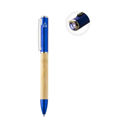 Penna a sfera in bambù e plastica riciclata a rotazione torcia LED e refill blu 