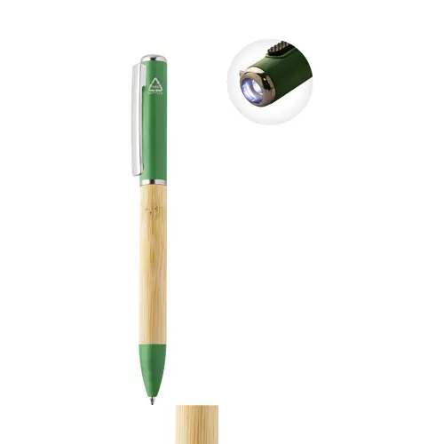 Penna a sfera in bambù e plastica riciclata a rotazione torcia LED e refill blu 