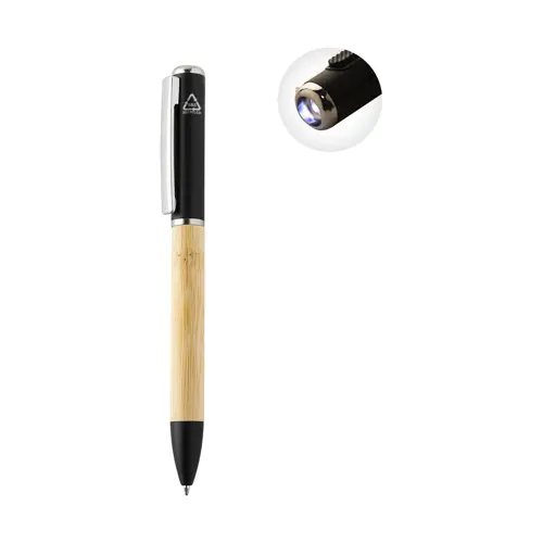 Penna a sfera in bambù e plastica riciclata a rotazione torcia LED e refill blu 