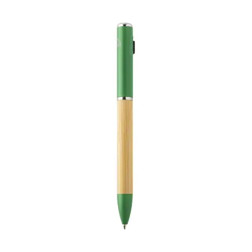 Penna a sfera in bambù e plastica riciclata a rotazione torcia LED e refill blu 