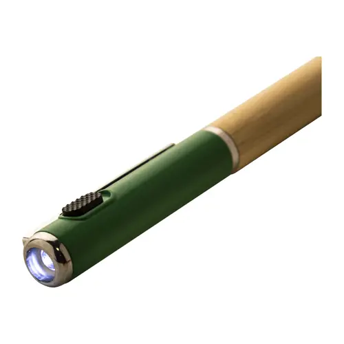 Penna a sfera in bambù e plastica riciclata a rotazione torcia LED e refill blu 