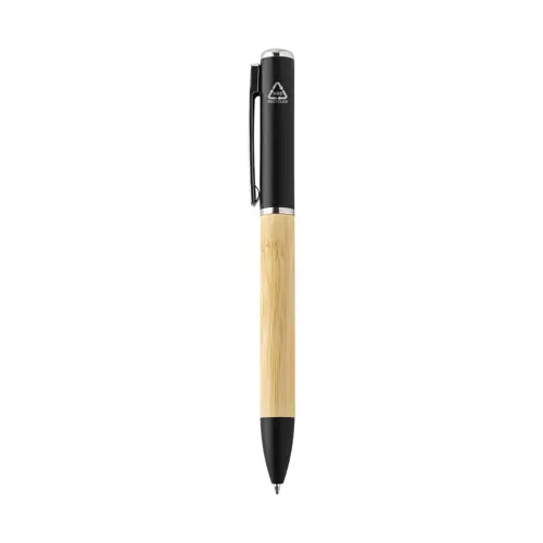 Penna a sfera in bambù e plastica riciclata a rotazione torcia LED e refill blu 