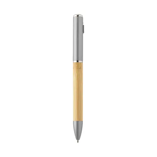 Penna a sfera in bambù e plastica riciclata a rotazione torcia LED e refill blu 
