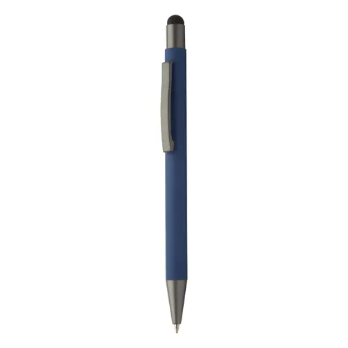 Penna a sfera in alluminio riciclato con rivestimento gommato e finiture in canna di fucile refill blu