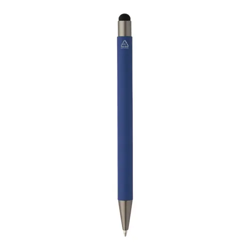 Penna a sfera in alluminio riciclato con rivestimento gommato e finiture in canna di fucile refill blu