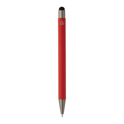 Penna a sfera in alluminio riciclato con rivestimento gommato e finiture in canna di fucile refill blu