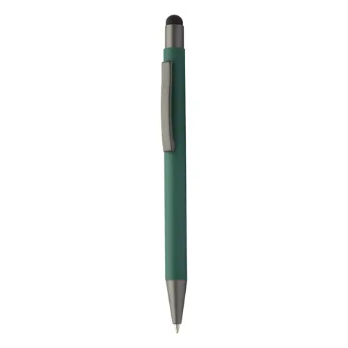 Penna a sfera in alluminio riciclato con rivestimento gommato e finiture in canna di fucile refill blu