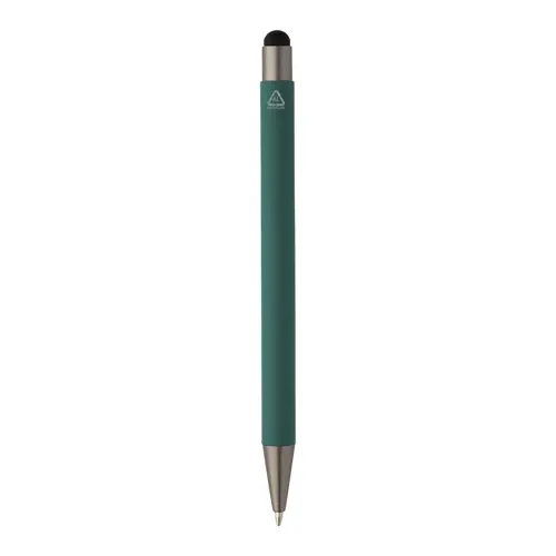 Penna a sfera in alluminio riciclato con rivestimento gommato e finiture in canna di fucile refill blu