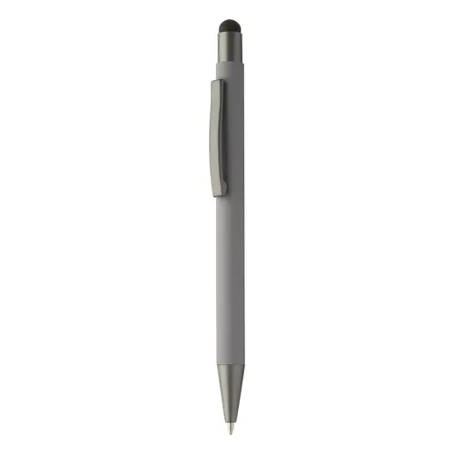 Penna a sfera in alluminio riciclato con rivestimento gommato e finiture in canna di fucile refill blu