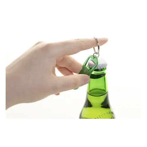 Portachiavi in alluminio riciclato con apribottiglie e inserto gettone per carrello spesa