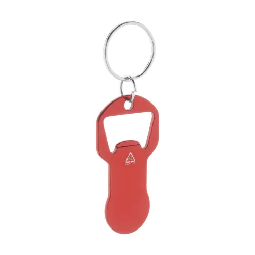 Portachiavi in alluminio riciclato con apribottiglie e inserto gettone per carrello spesa