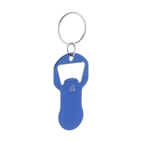 Portachiavi in alluminio riciclato con apribottiglie e inserto gettone per carrello spesa