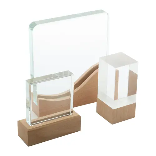 Trofeo fermacarte in vetro con base in legno di faggio