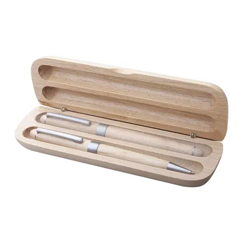 Set di penne a sfera con meccanismo a rotazione e roller in legno naturale con refill blu in confezione scatola di legno