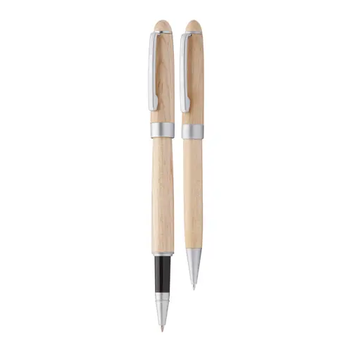Set di penne a sfera con meccanismo a rotazione e roller in legno naturale con refill blu in confezione scatola di legno