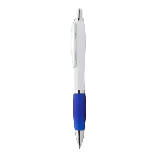Penna a sfera in plastica con corpo bianco e impugnatura in gomma colorata con meccanismo a scatto e refill blu