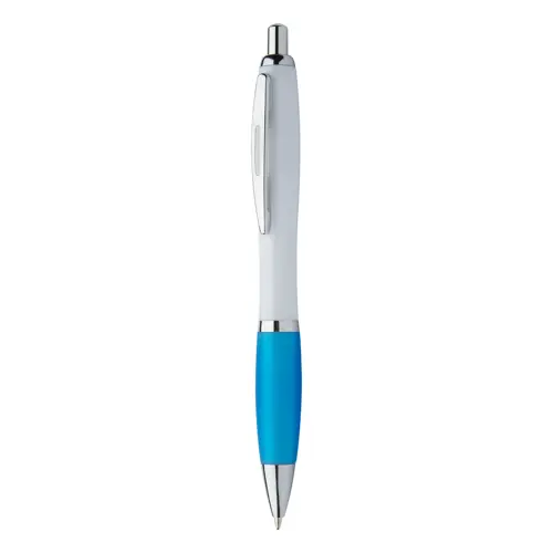 Penna a sfera in plastica con corpo bianco e impugnatura in gomma colorata con meccanismo a scatto e refill blu