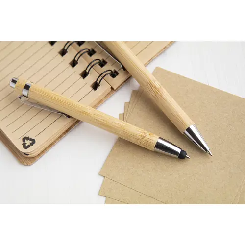 Penna a sfera bambù e finiture in metallo con meccanismo a scatto e refill blu