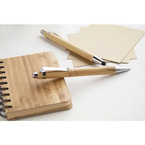 Penna a sfera bambù e finiture in metallo con meccanismo a scatto e refill blu