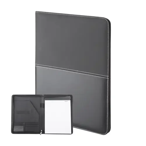 Cartella in pelle con blocco appunti in formato A4 e chiusura a zip con fogli a righe e tasche interne