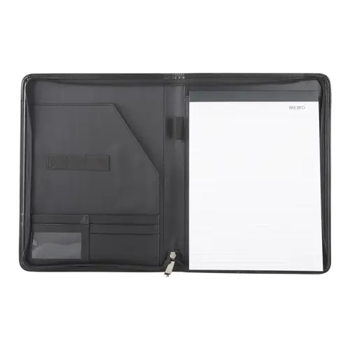 Cartella in pelle con blocco appunti in formato A4 e chiusura a zip con fogli a righe e tasche interne