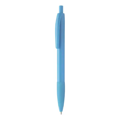 Penna a sfera in plastica disponibile in vari colori con impugnatura in gomma in coordinato con meccanismo a scatto e refill blu