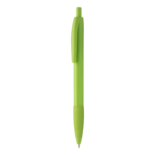 Penna a sfera in plastica disponibile in vari colori con impugnatura in gomma in coordinato con meccanismo a scatto e refill blu