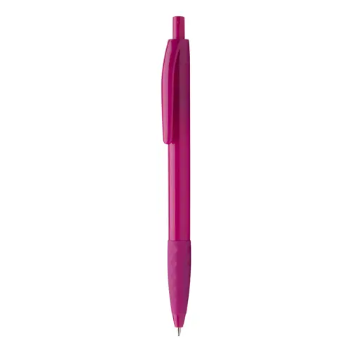 Penna a sfera in plastica disponibile in vari colori con impugnatura in gomma in coordinato con meccanismo a scatto e refill blu